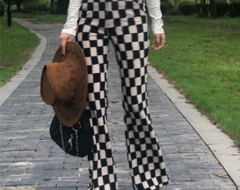 FROMU自游 超火棋盘格筷子精腿美式复古...