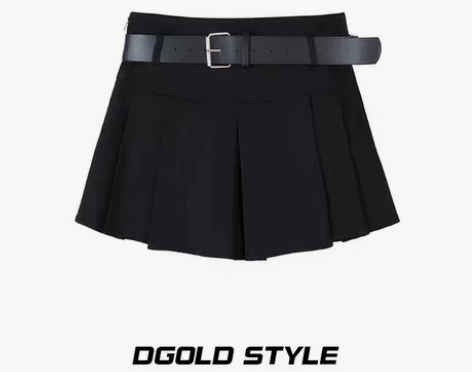 白小鱼 A酷学妹 美式复古高腰黑色百褶裙女...