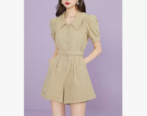 凡兔夏季新款法式纯棉工装风收腰翻领系带宽松...