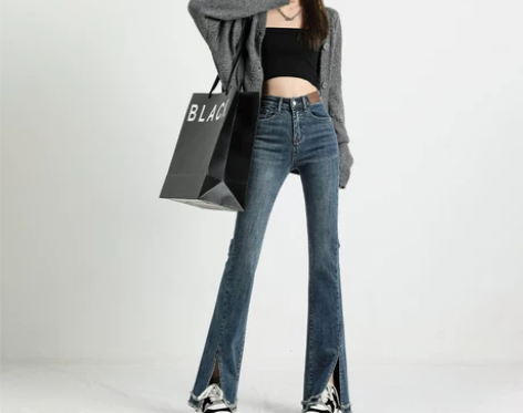 复古毛边设计感小众裤脚开叉牛仔裤女高腰显瘦...