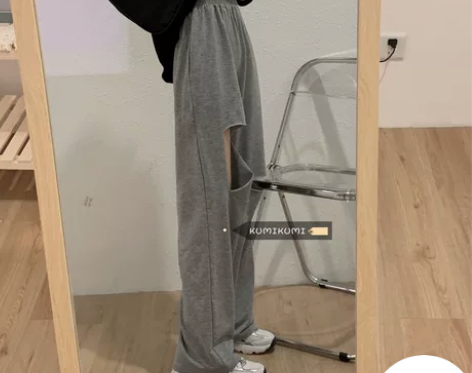 破洞高腰运动裤休闲裤女装薄款长裤夏季宽松阔...