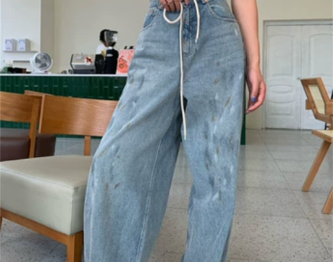 RAY泼墨牛仔裤女2022年新款显瘦抽绳直...