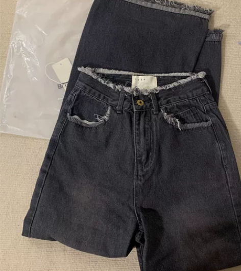 闪闪超闪蓝色阔腿牛仔裤女秋冬设计感毛边高腰...