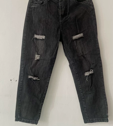 破洞牛仔裤女春季款高腰显瘦黑色九分哈伦老爹...