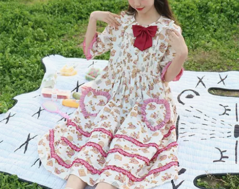 霓虹姑姑原创自制新款古着小熊连衣裙夏学生日...