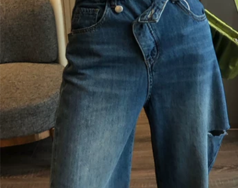 大码破洞牛仔裤女2021年新款直筒宽松高腰...