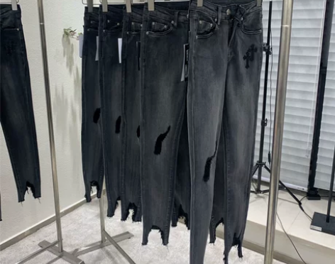 YUANZI烟灰色破洞牛仔裤女十字架高腰小...