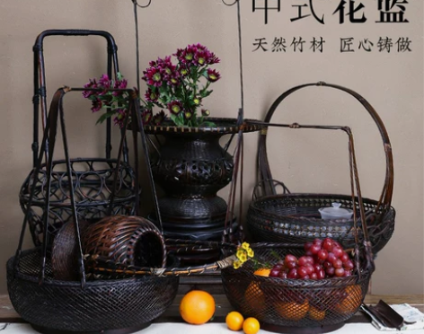 花叶居花篮摆件竹编手提竹篮藤编提篮花艺花器...