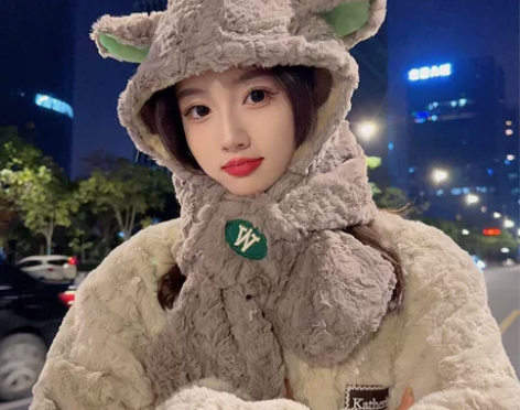 帽子围巾一体式毛绒帽小羊耳朵秋冬女可爱连帽...