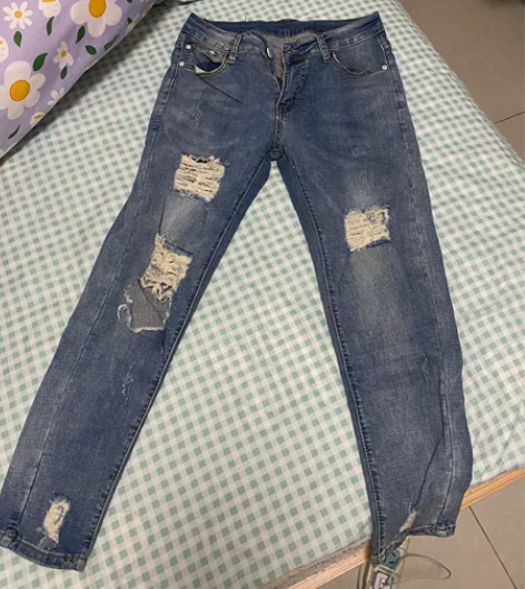 夏季韩版蓝色男士破洞牛仔裤30码 9分裤1...