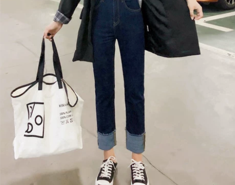 ?【狂欢价】高腰卷翻边加绒直筒裤秋冬显瘦韩...