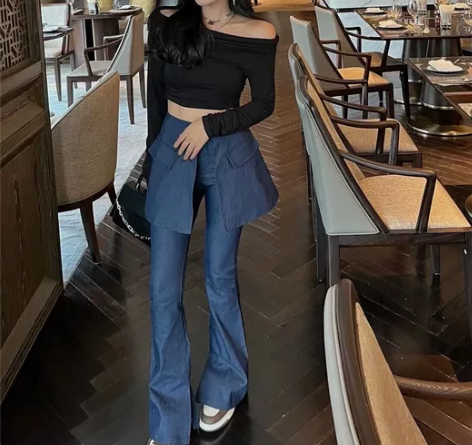 东大门新款围裙式假两件裤子高腰显瘦修身微喇...