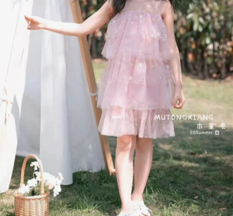 女童夏季新款童裙儿童中大童百褶蛋糕裙连衣裙...