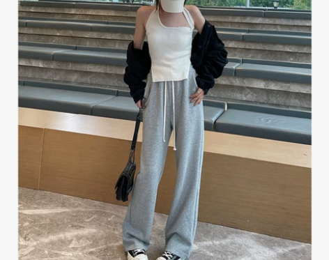 ?灰色直筒运动裤女2022春秋新款高腰宽松...
