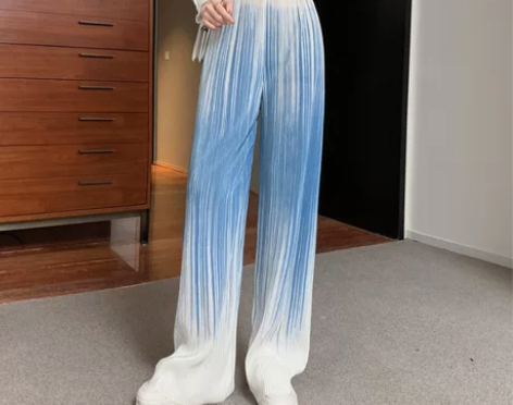 复古渐变水波纹阔腿裤女夏季百搭宽松显瘦休闲...