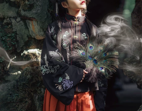 都城南庄原创新品竖领上袄绣花日常黑色汉服女...