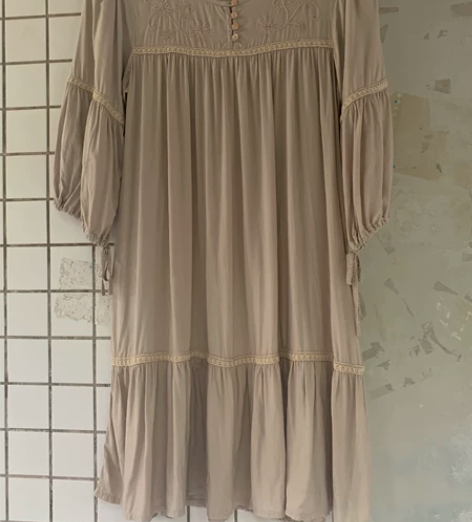 vintage古着卡其灰蝴蝶结刺绣纯棉中裙...