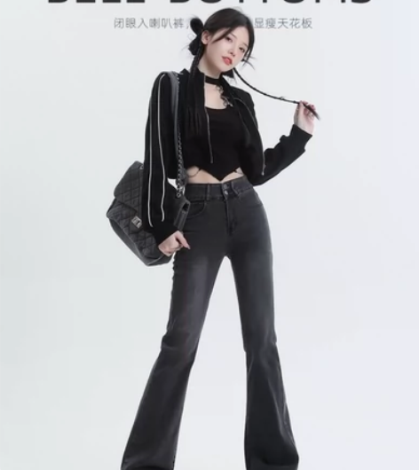 REDR黑色高腰微喇叭牛仔裤女显瘦2022...