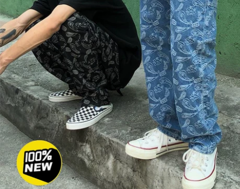 欧美街头hiphop满印刺绣腰果花牛仔裤宽...