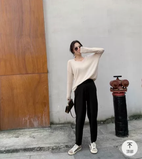 南瓜谷 云朵针织裤~秋季新款白色宽松直筒高...