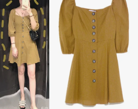 泡泡袖方领裙子夏女2018新款宫廷风高腰A...