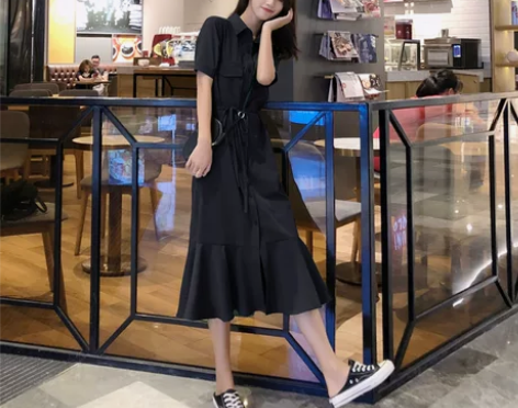 牛油果绿连衣裙2019新款夏鱼尾裙子仙女超...