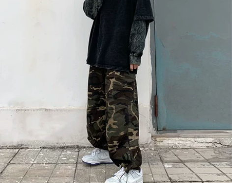 裤子女春季韩版ins街头嘻哈迷彩直筒束脚裤...