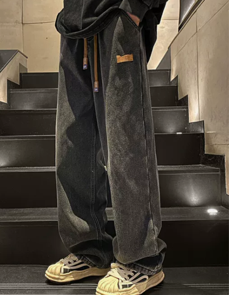 黑色牛仔裤男秋冬季美式复古加绒加厚宽松直筒...