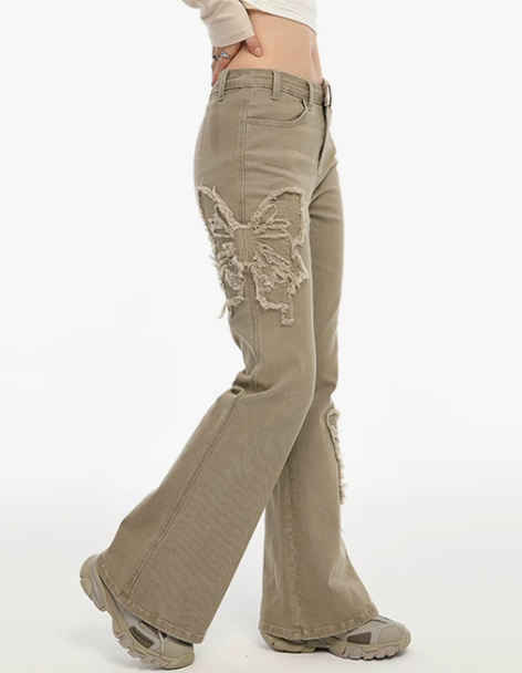 裤子复古 2023水洗做旧蝴蝶刺绣牛仔裤女...