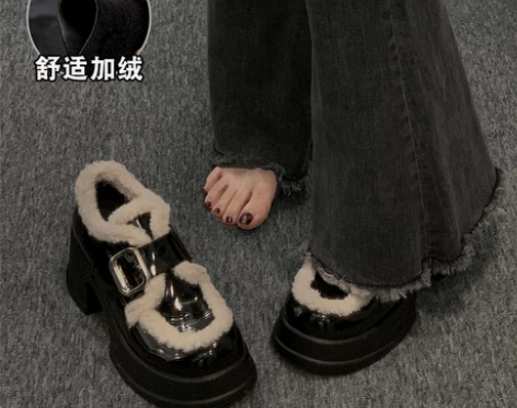 2022年新款冬季加绒毛毛保暖单鞋女百搭小...