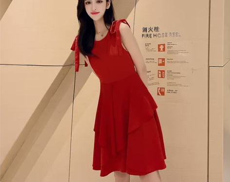 很仙的法国小众桔梗红裙子仙女超仙森系大红