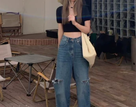 @MU井鹿【腿精女孩】时髦又洋气 复古蓝割...