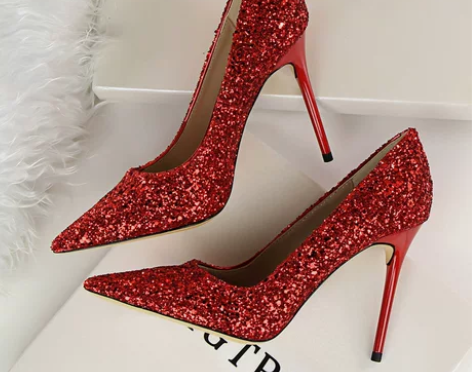 欧美风新款女鞋浅口尖头闪耀亮片性感显瘦夜店...