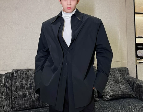 春款设计感衬衫男oversize垫肩双层高...