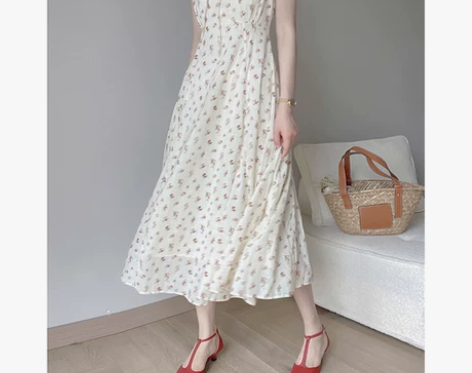 连衣裙慵懒风小飞袖立领高腰气质温柔风碎花