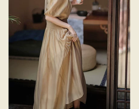 法式高级感泡泡袖天丝连衣裙气质名媛风小众设...