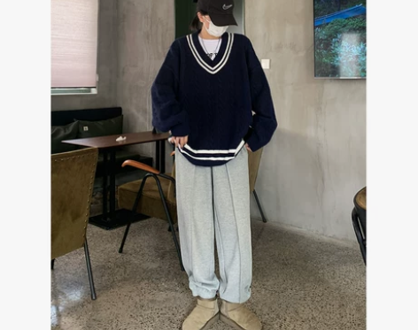 SIXI四喜家秋冬 设计感经线灰色卫裤女直...