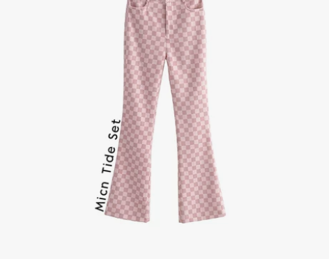 街头修身格子微喇裤甜酷辣妹风棋盘格高腰直筒...