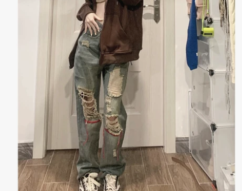 欧美式vibe风复古破洞牛仔裤子女ins潮...
