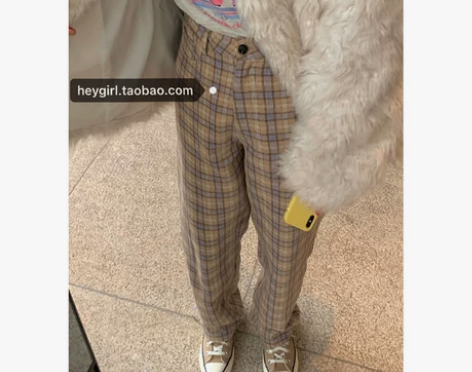 HEYGIRL黑哥 高腰显瘦直筒格子休闲裤...