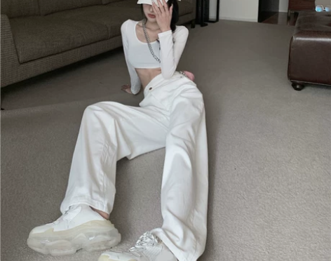 白色裤子女高级感夏季垂感高腰阔腿直筒长裤显...