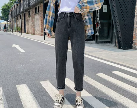黑色高腰牛仔裤女2021春秋新款小个子老爹...