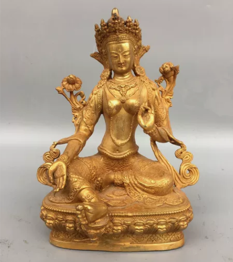 古玩古董文玩杂项收藏，黄铜鎏金度母佛像，工...