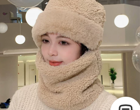 帽子女秋冬季户外骑车护脖保暖可爱毛绒帽围脖...