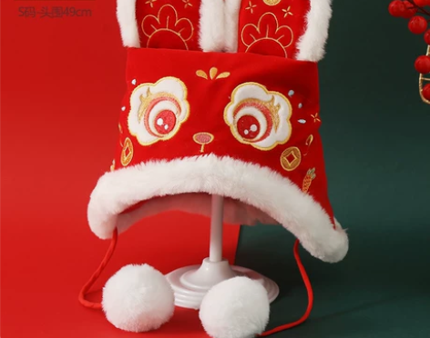 新年帽子女时尚兔耳毛绒帽冬季兔年红色过年帽...