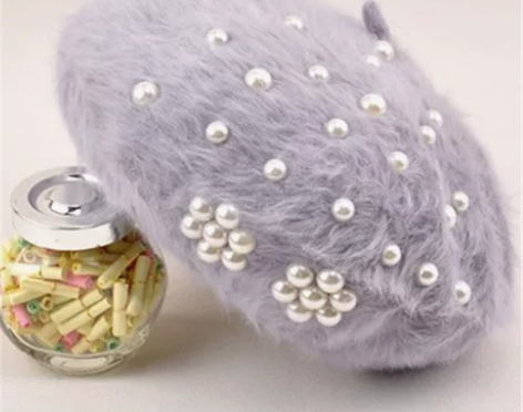 帽子女士冬天韩版潮珍珠兔毛冬季贝雷帽獭兔毛...