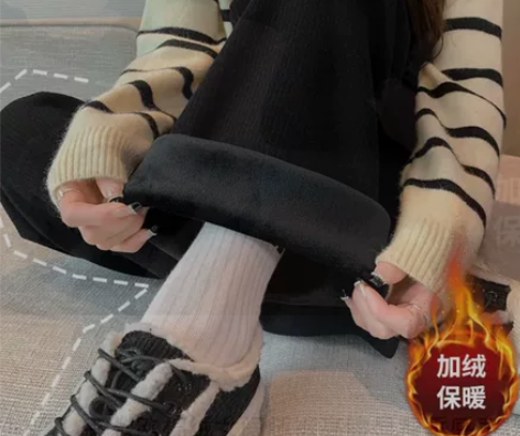 加绒加厚,新款欧棉绒女阔腿裤高腰显瘦垂感宽...