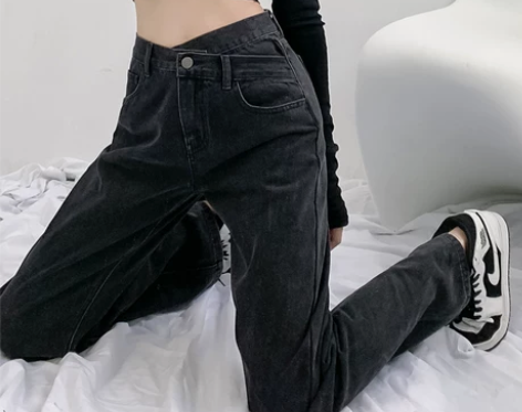 黑灰色直筒牛仔裤女秋冬高腰显瘦设计感宽松阔...