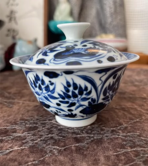 柴窑元青花莲池鸳鸯盖碗，超薄胎，大撇口，出...