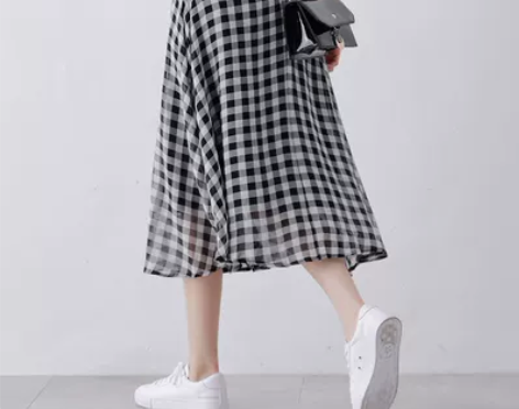 格子半身裙夏女高腰a字裙小清新雪纺裙半身长...